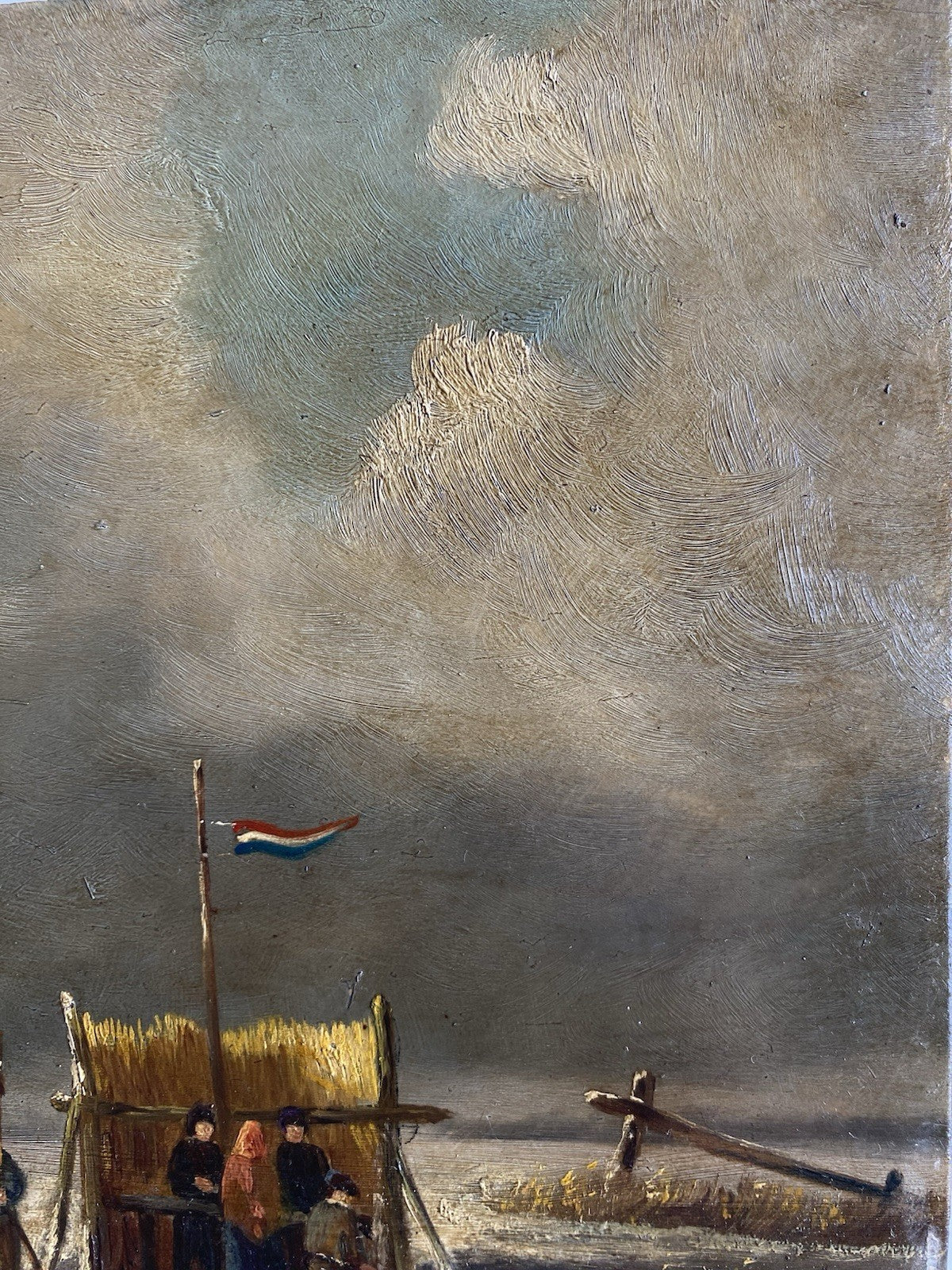 Dutch Artwork  Ice Skaters on Lake Cloudy Winter Landscape Windmill T.E DE BOCK