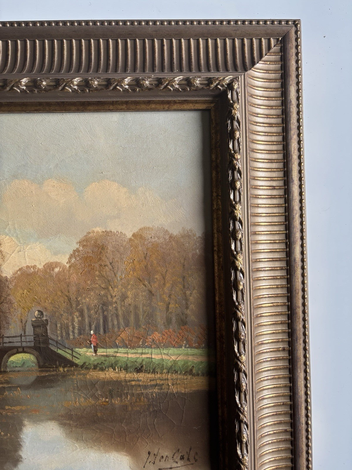 19th Century Dutch Landscape Oil Painting Bridge Trees Signed Original