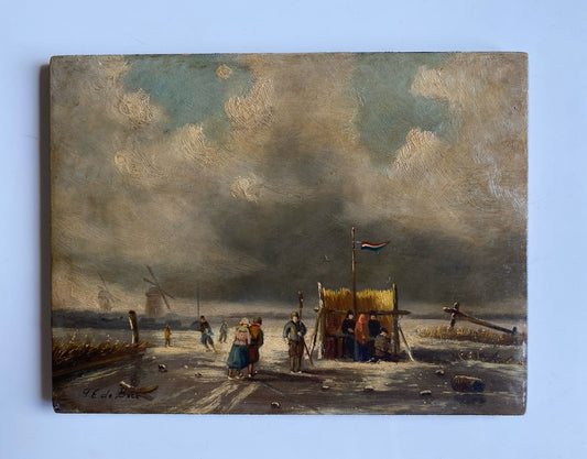 Dutch Artwork  Ice Skaters on Lake Cloudy Winter Landscape Windmill T.E DE BOCK