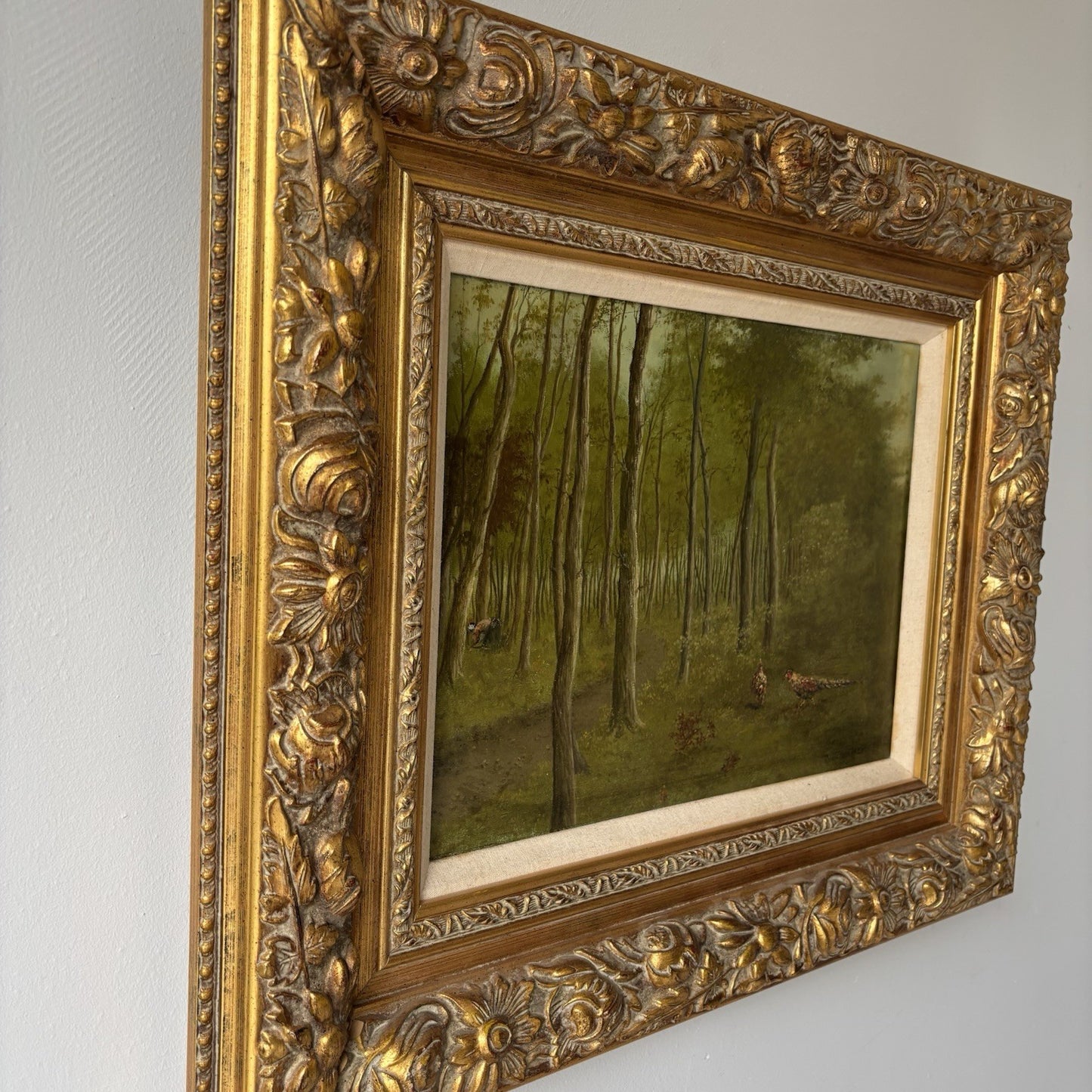 “Forest Stream with Pheansants” – Vintage Woodland Landscape – Framed Painting