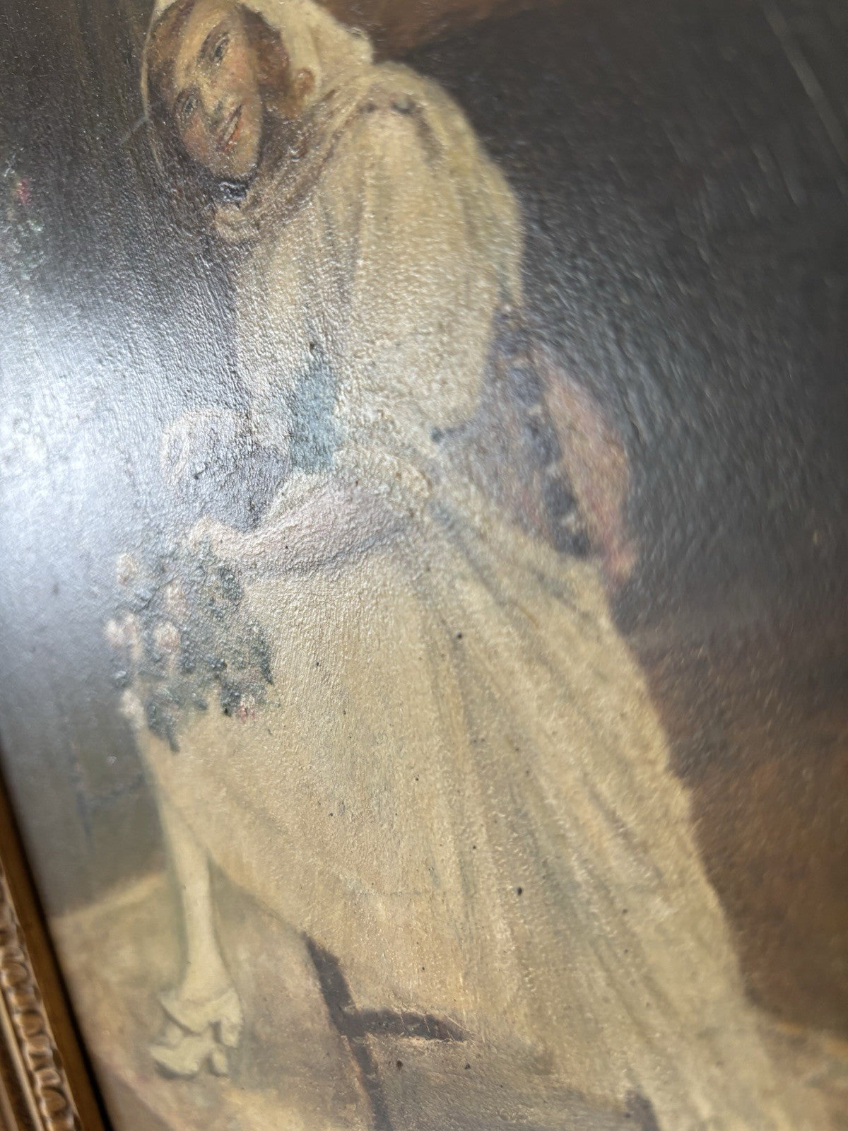 19th Century “LADY WITH FLOWERS” Antique Oil Painting Romantic Portraiture Women