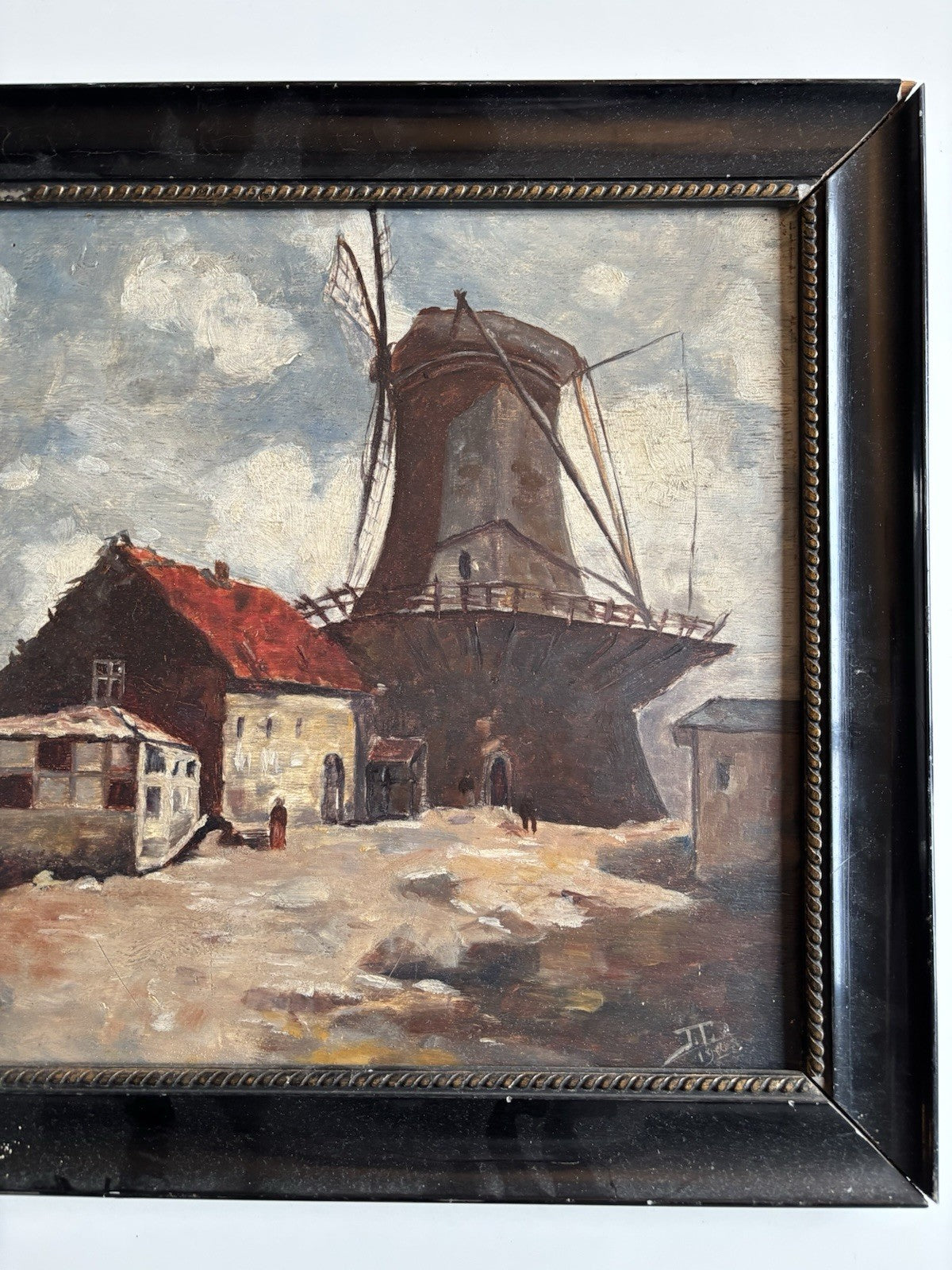 Dutch Antique Oil Painting Windmill Landscape Scene with Farmhouses Framed