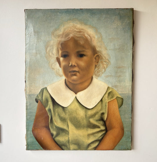 Antique “CHILD PORTRAIT” Oil Painting Blonde Girl in Green Dress 20th Century