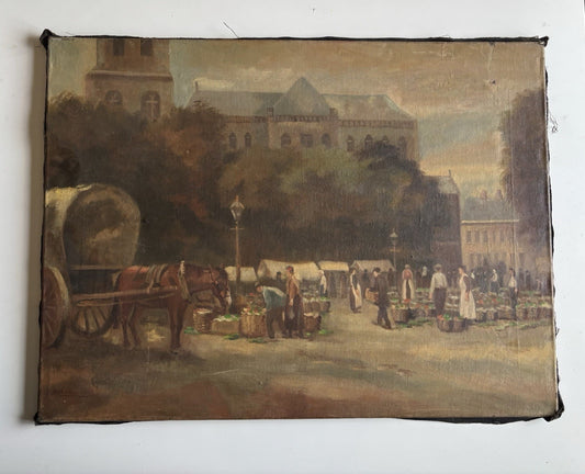Old Ca. 1920 Dutch Oil Painting Cityscape Market Square Figures Architecture