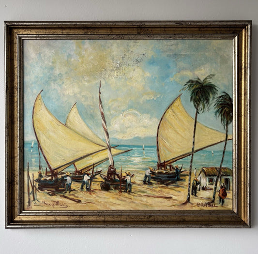 Brazil Art “SAILBOATS TROPICAL SEASIDE” Oil Painting Coastal Figures Palm Tree