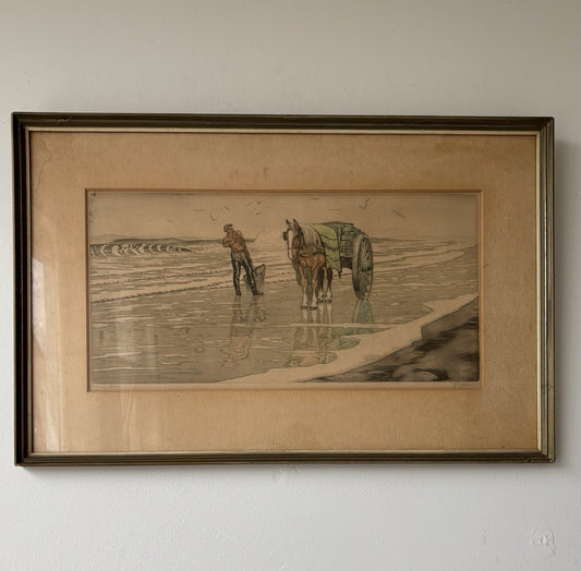 Antique “FISHERMAN WITH HORSE AT THE SHORE” seascape Early 20th Century Etching