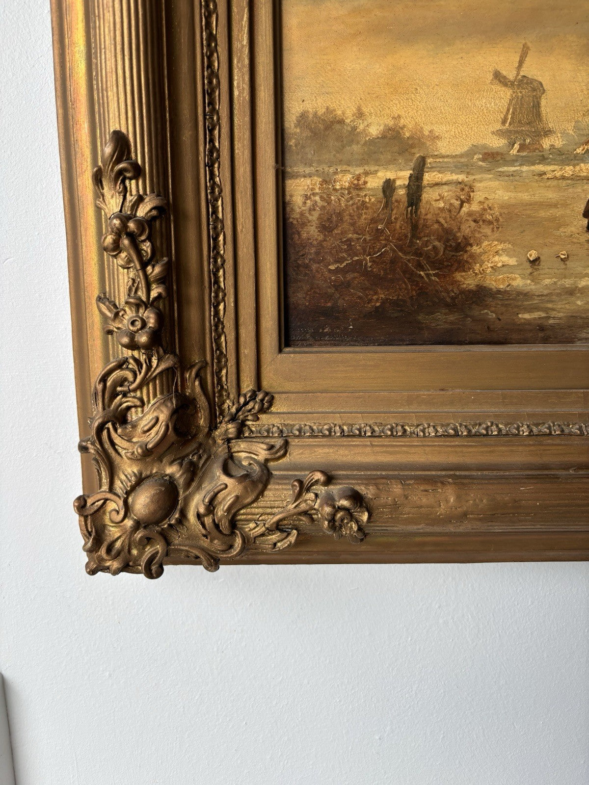 Antique “WINTER LANDSCAPE WITH WINDMILL Oil Painting Figure Skating 19th Century