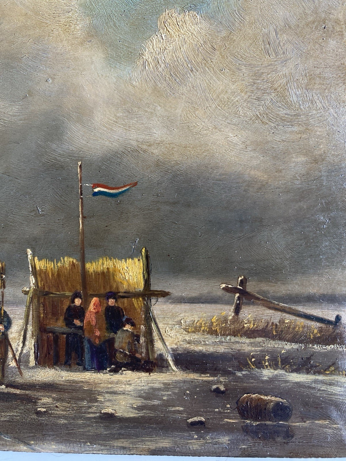 Dutch Artwork  Ice Skaters on Lake Cloudy Winter Landscape Windmill T.E DE BOCK