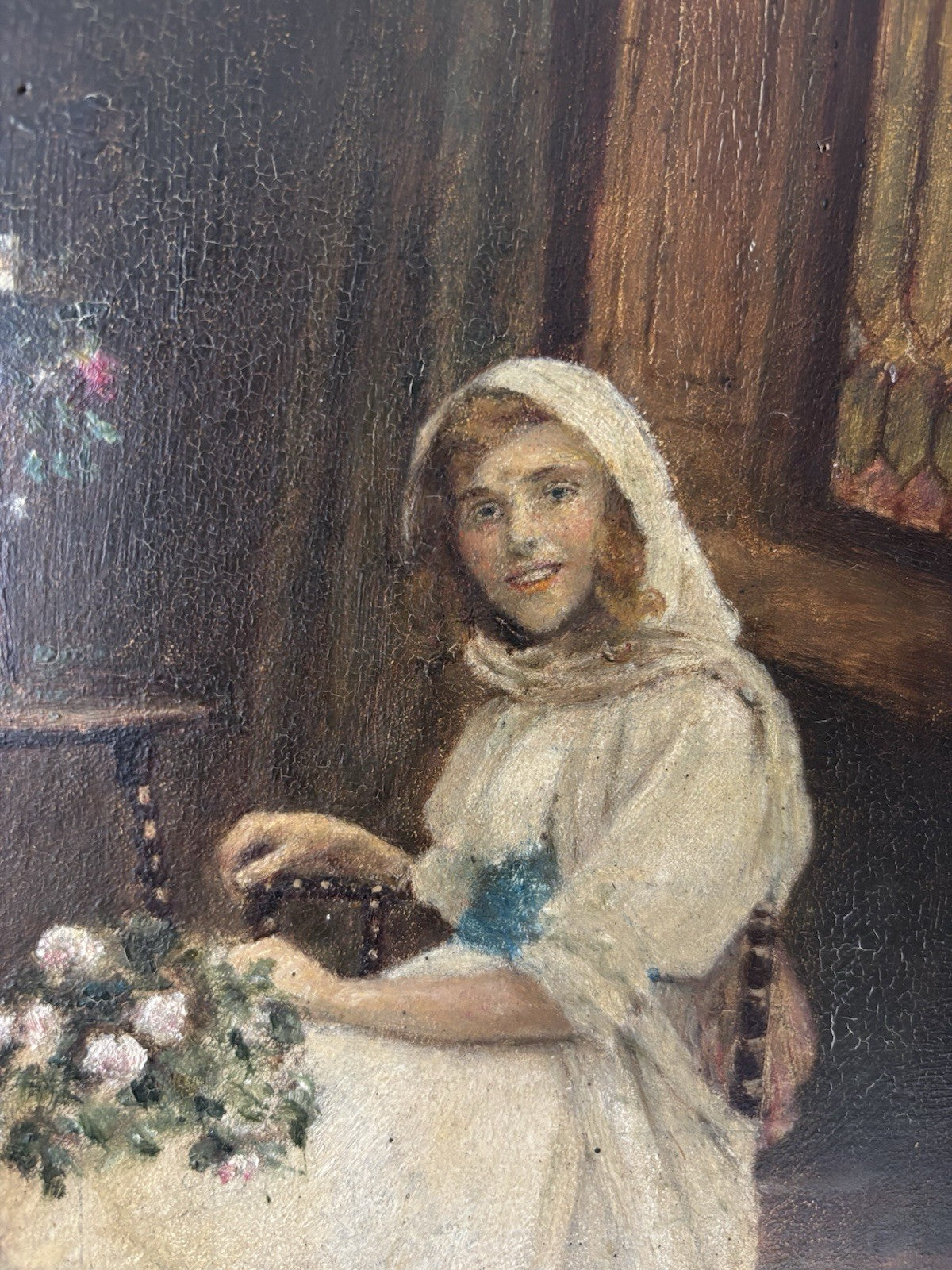19th Century “LADY WITH FLOWERS” Antique Oil Painting Romantic Portraiture Women