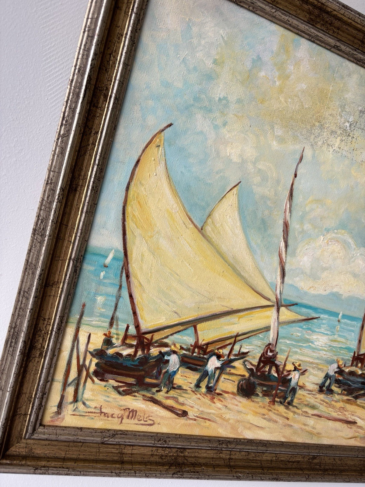 Brazil Art “SAILBOATS TROPICAL SEASIDE” Oil Painting Coastal Figures Palm Tree