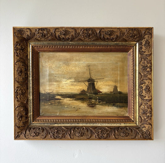 Vintage “DUTCH WINDMILL” original oil painting Holland landscape Framed Art