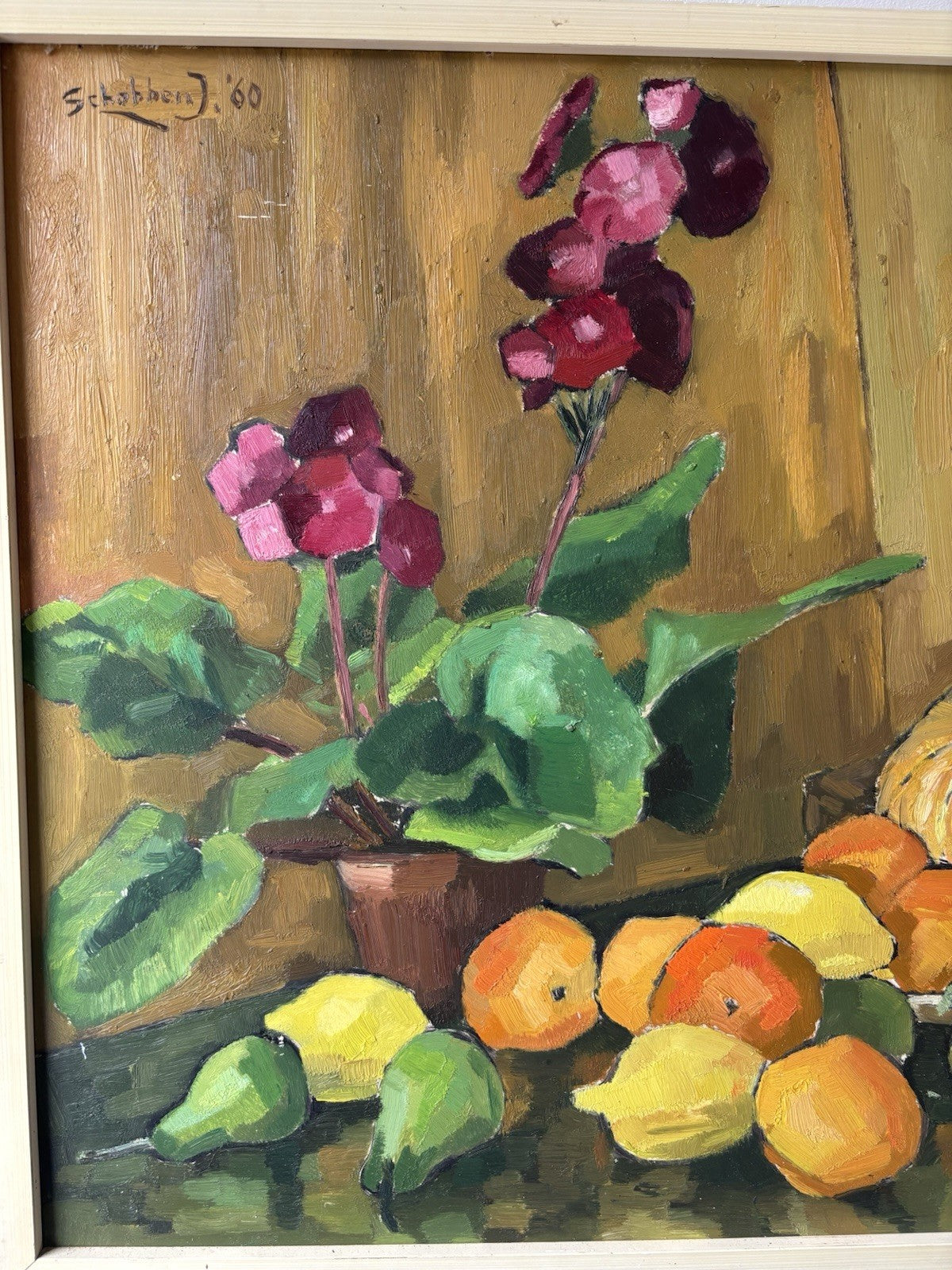 Year 1960 Colorful Still Life Oil Painting Framed Unique Hand Made Panel Art