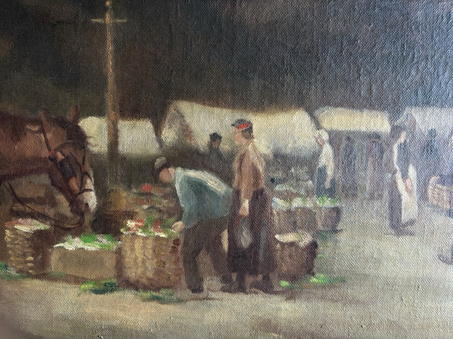 Old Ca. 1920 Dutch Oil Painting Cityscape Market Square Figures Architecture
