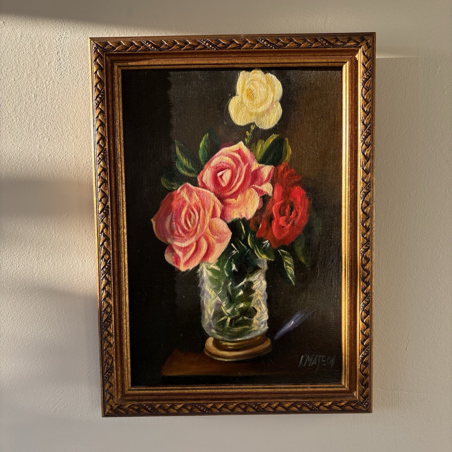 "Pink Flowers" Vintage Dutch Classic Floral Still Life Oil Painting Signed