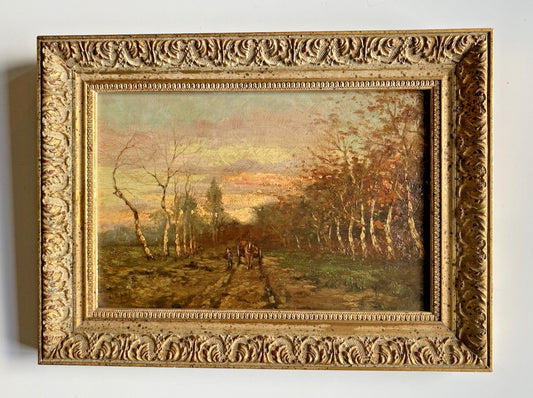 Classic Dutch Forest Landscape with Horsedrawn Carriage Fall Themed Oil Painting