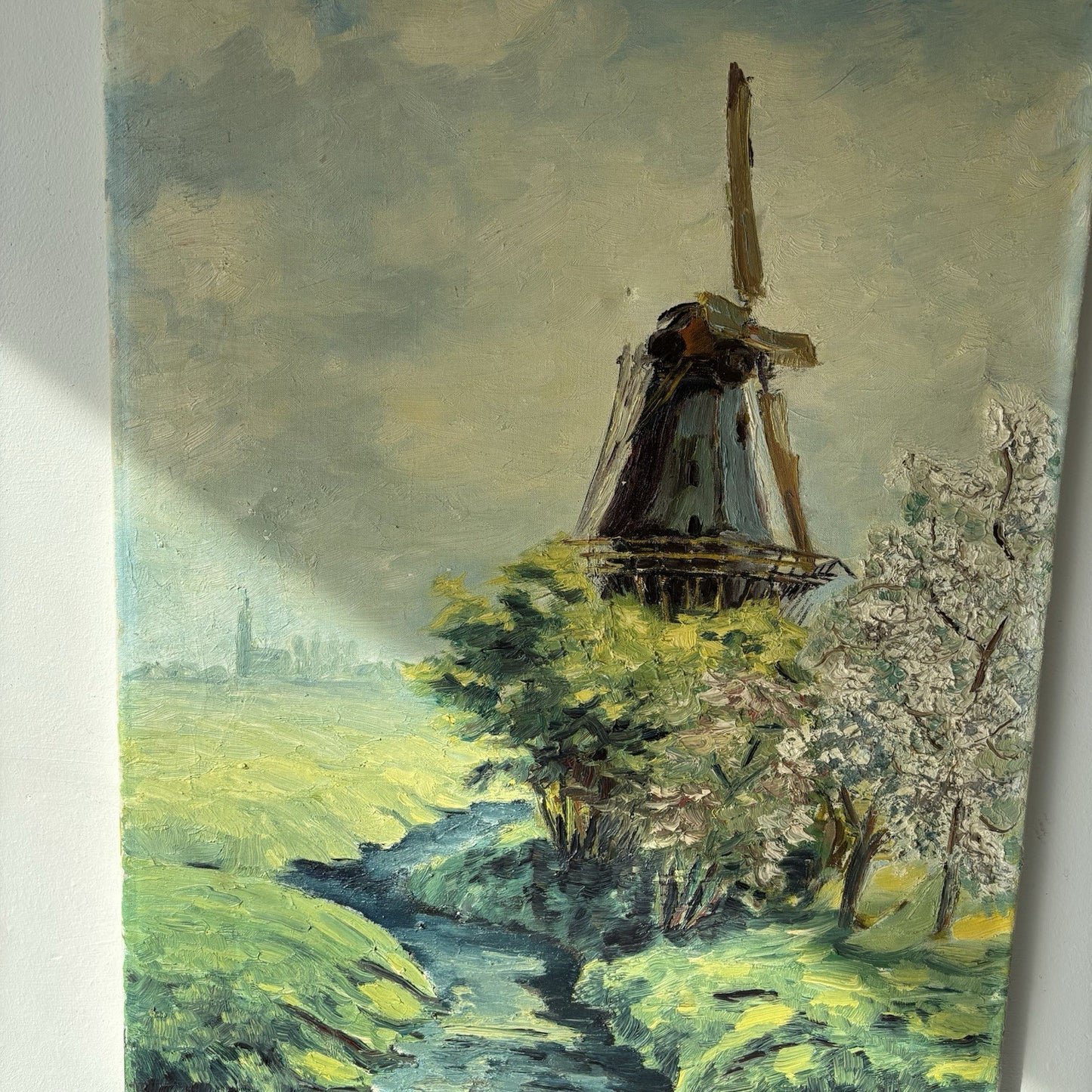 Original Windmill Hand Painted Canvas Oil Painting made in 1966