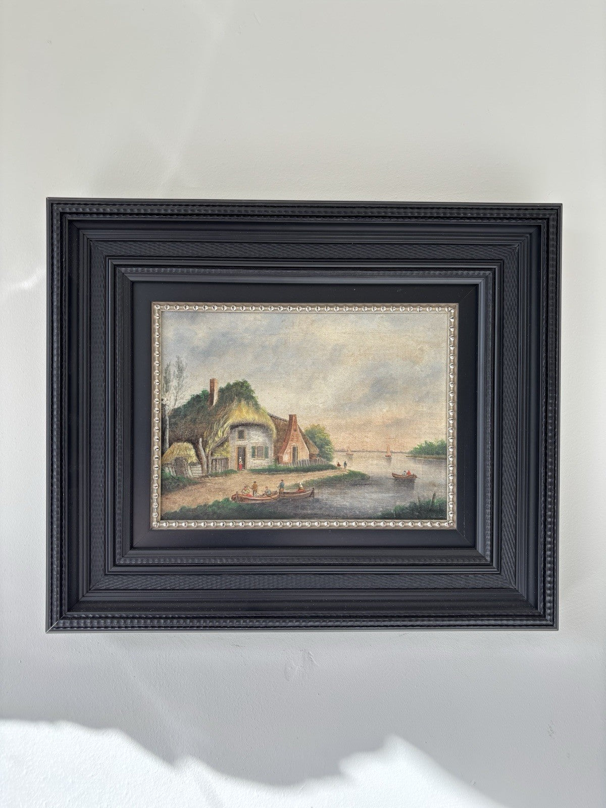 Dutch Harbor Scene Antique Oil Painting  Landscape River Boats 19th Century