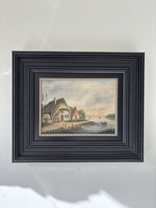 Dutch Harbor Scene Antique Oil Painting  Landscape River Boats 19th Century