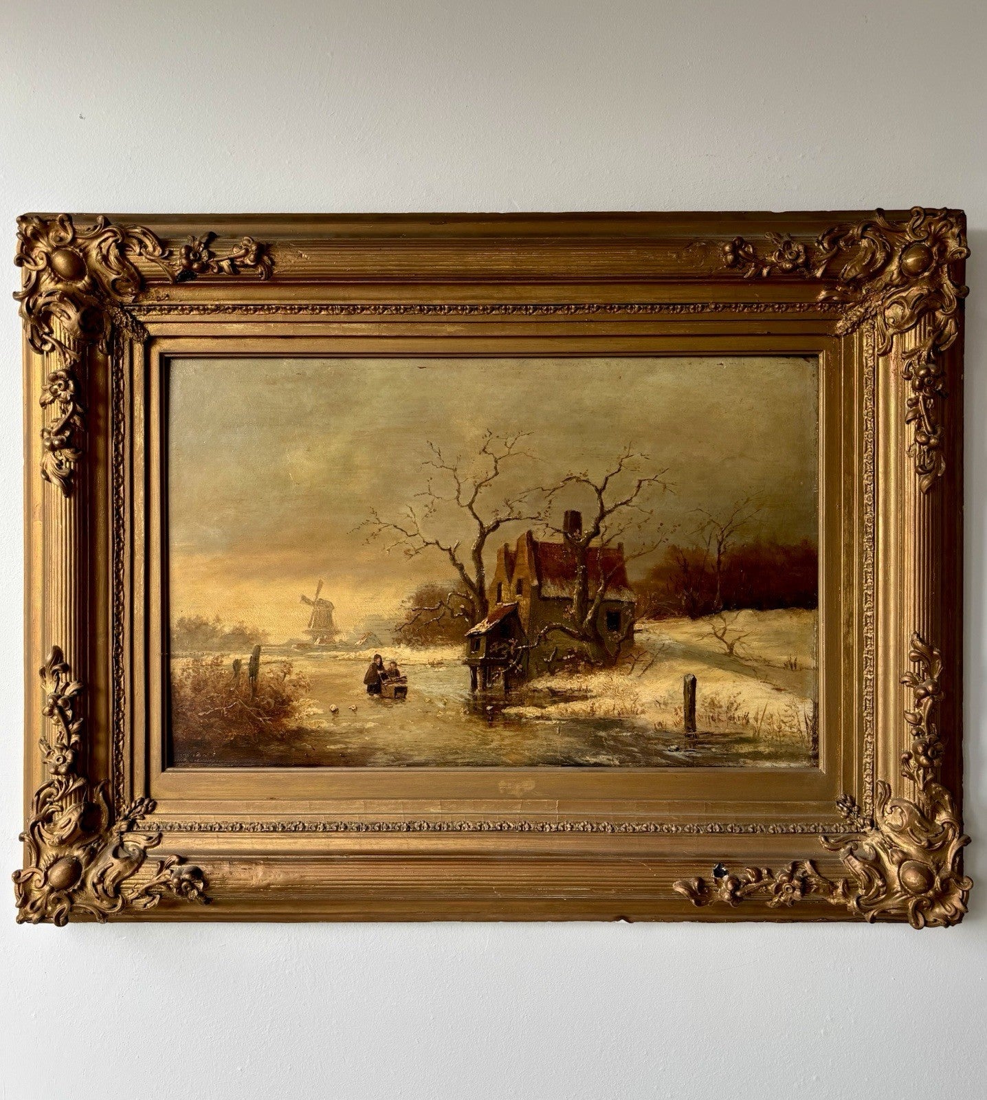 Antique “WINTER LANDSCAPE WITH WINDMILL Oil Painting Figure Skating 19th Century