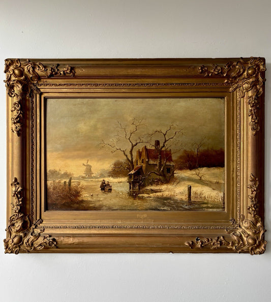 Antique “WINTER LANDSCAPE WITH WINDMILL Oil Painting Figure Skating 19th Century