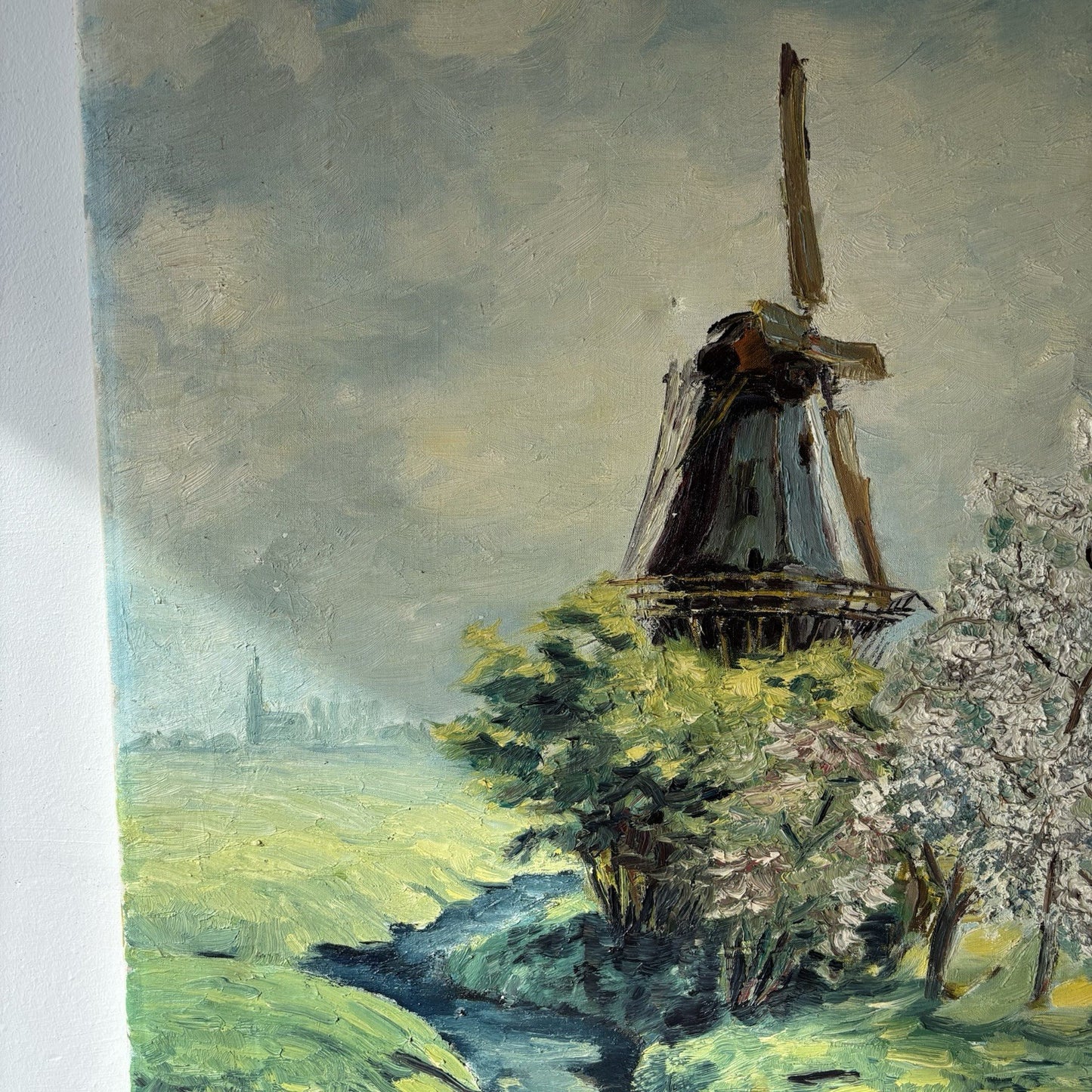 Original Windmill Hand Painted Canvas Oil Painting made in 1966