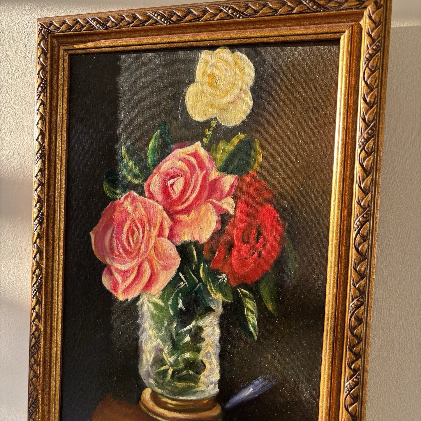 "Pink Flowers" Vintage Dutch Classic Floral Still Life Oil Painting Signed