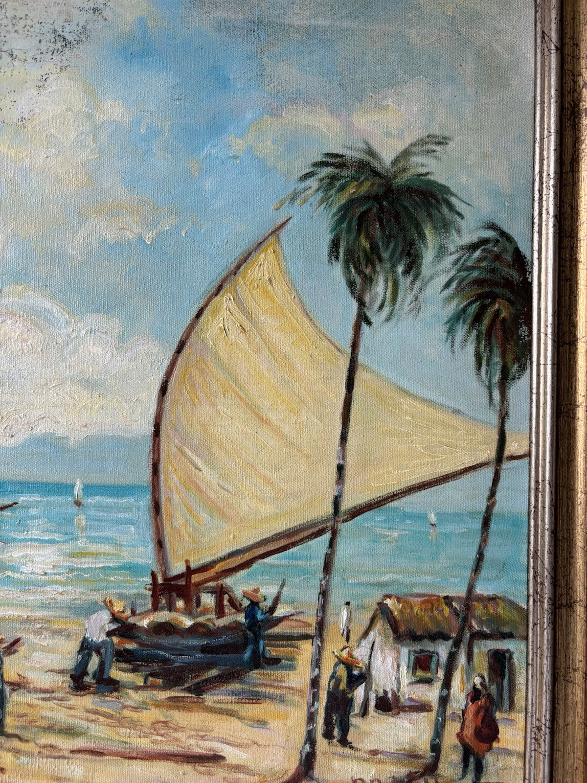 Brazil Art “SAILBOATS TROPICAL SEASIDE” Oil Painting Coastal Figures Palm Tree