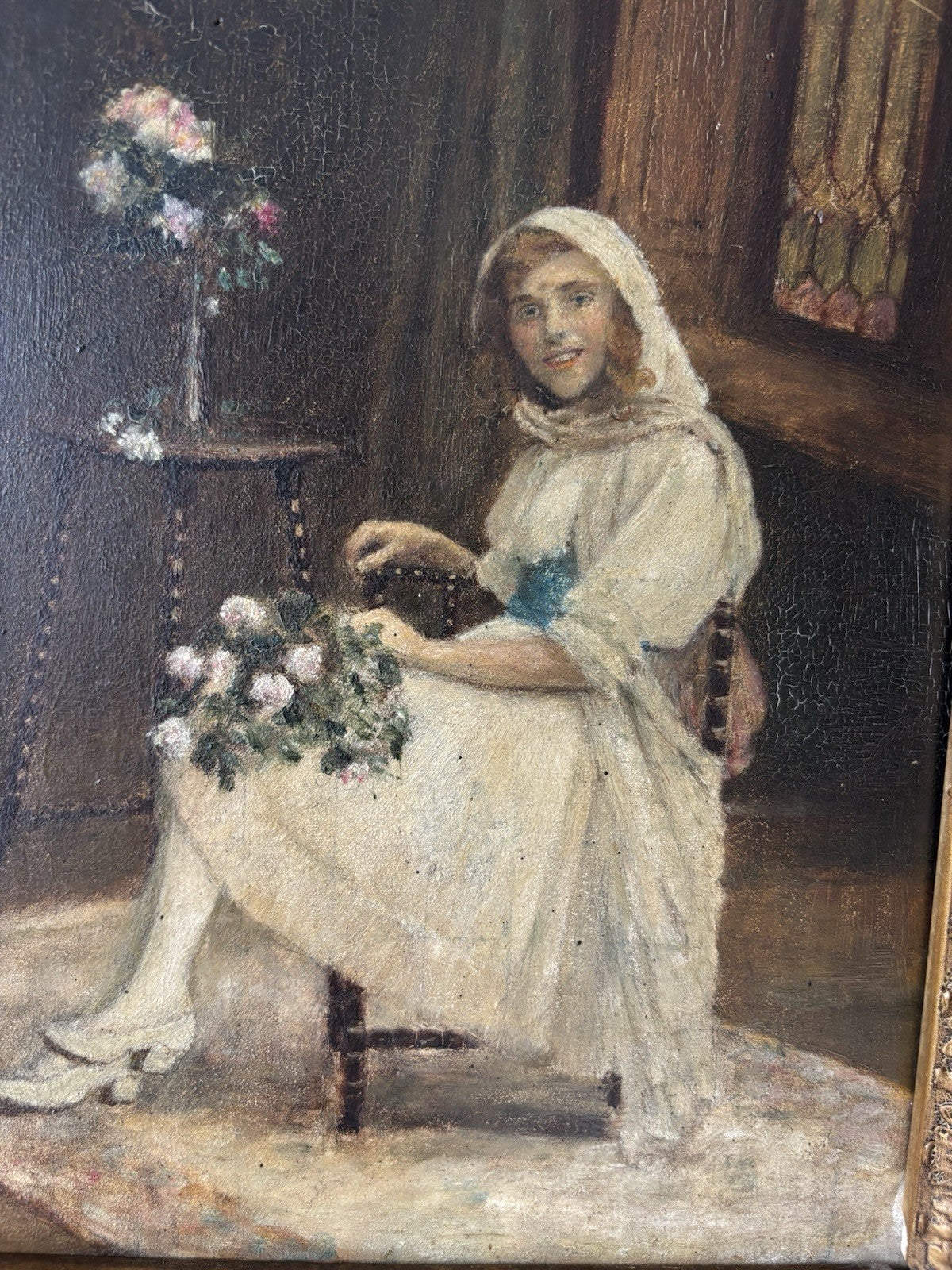 19th Century “LADY WITH FLOWERS” Antique Oil Painting Romantic Portraiture Women