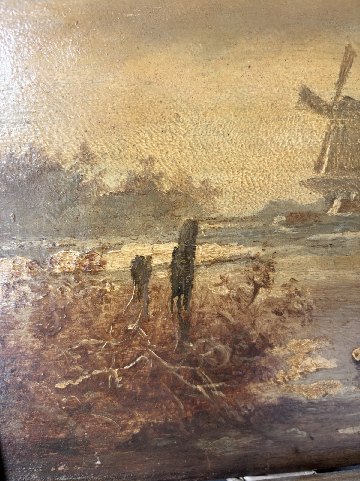 Antique “WINTER LANDSCAPE WITH WINDMILL Oil Painting Figure Skating 19th Century