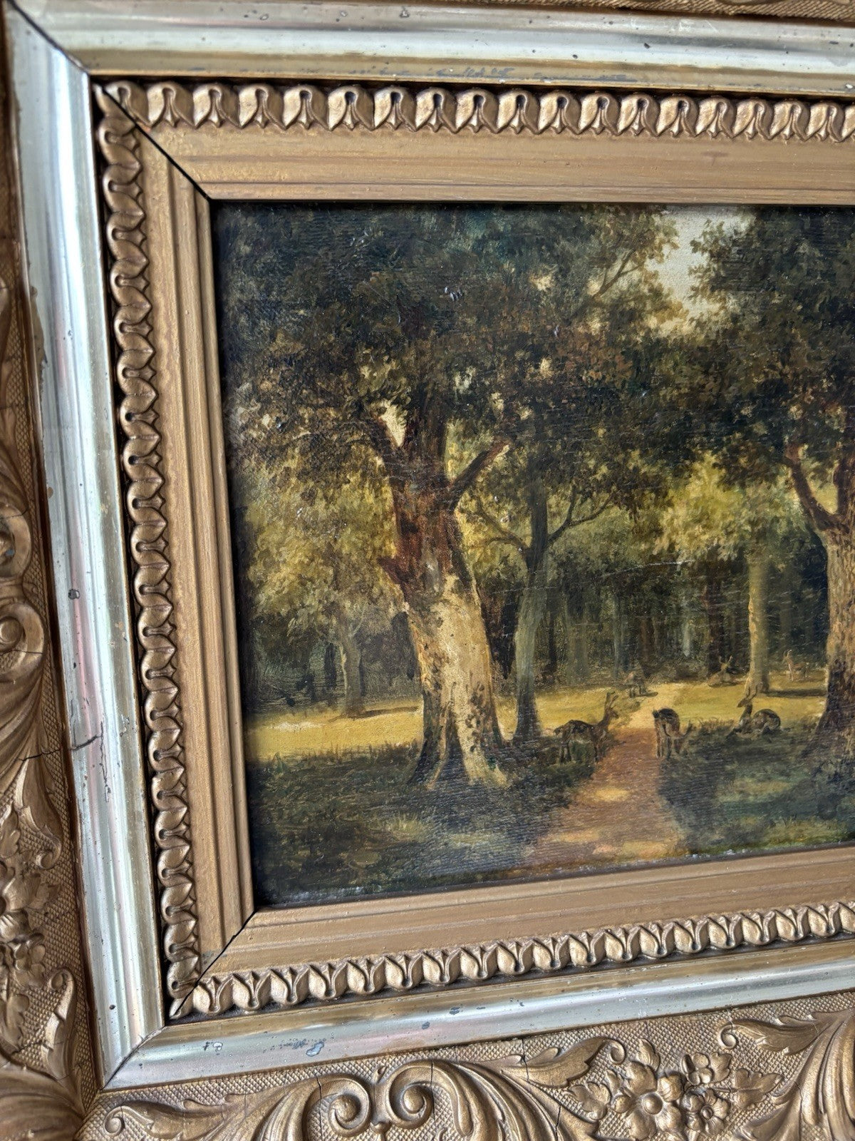 Antique “DEER IN FOREST” Oil Painting Dutch Forest Animals Medium 19th Century