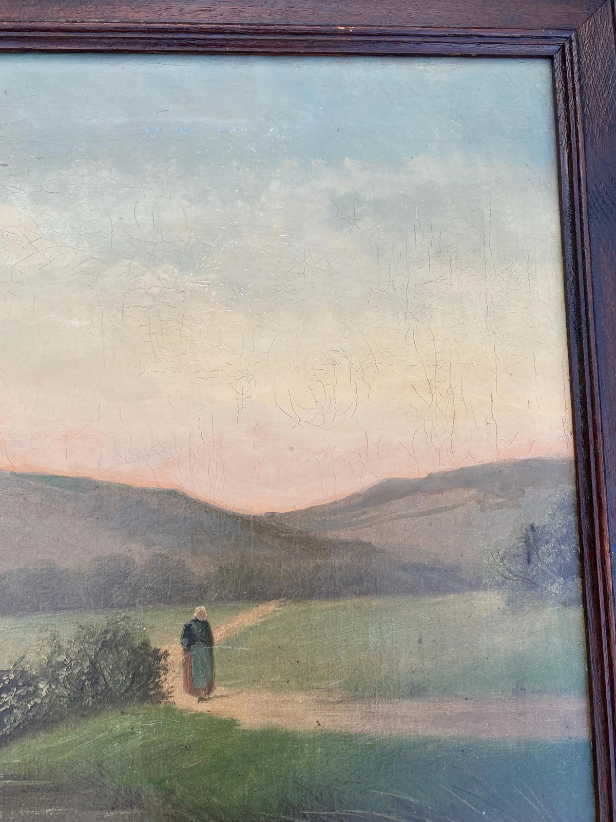 Ca. 1890 Dutch Oil Painting Watermill Chickens Farm Woman Landscape Countryside