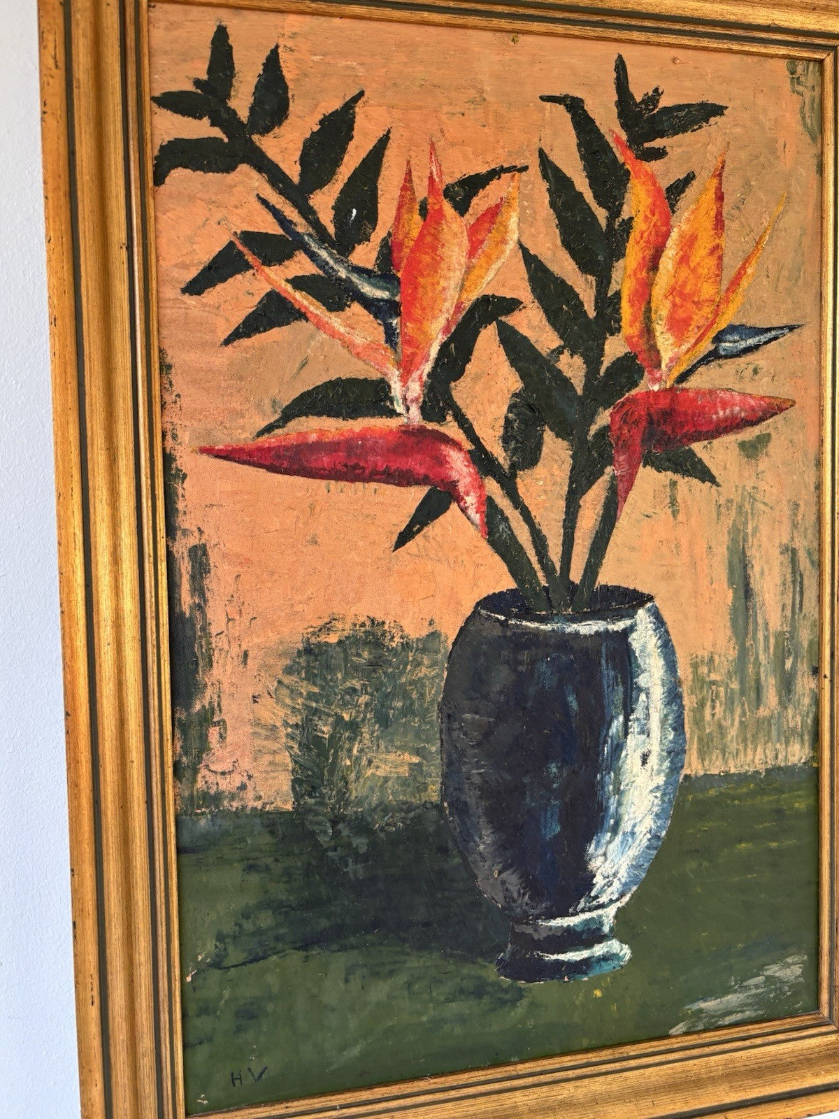 Vintage Flower Tree Still Life floral Oil Painting Flowers in Vase Mid 20th C