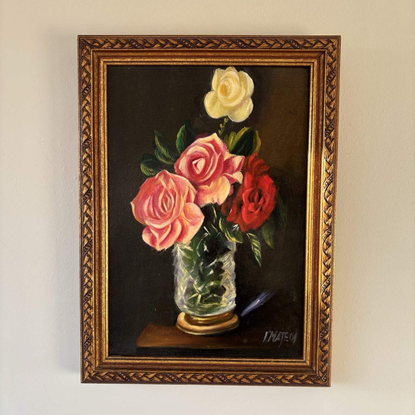 "Pink Flowers" Vintage Dutch Classic Floral Still Life Oil Painting Signed