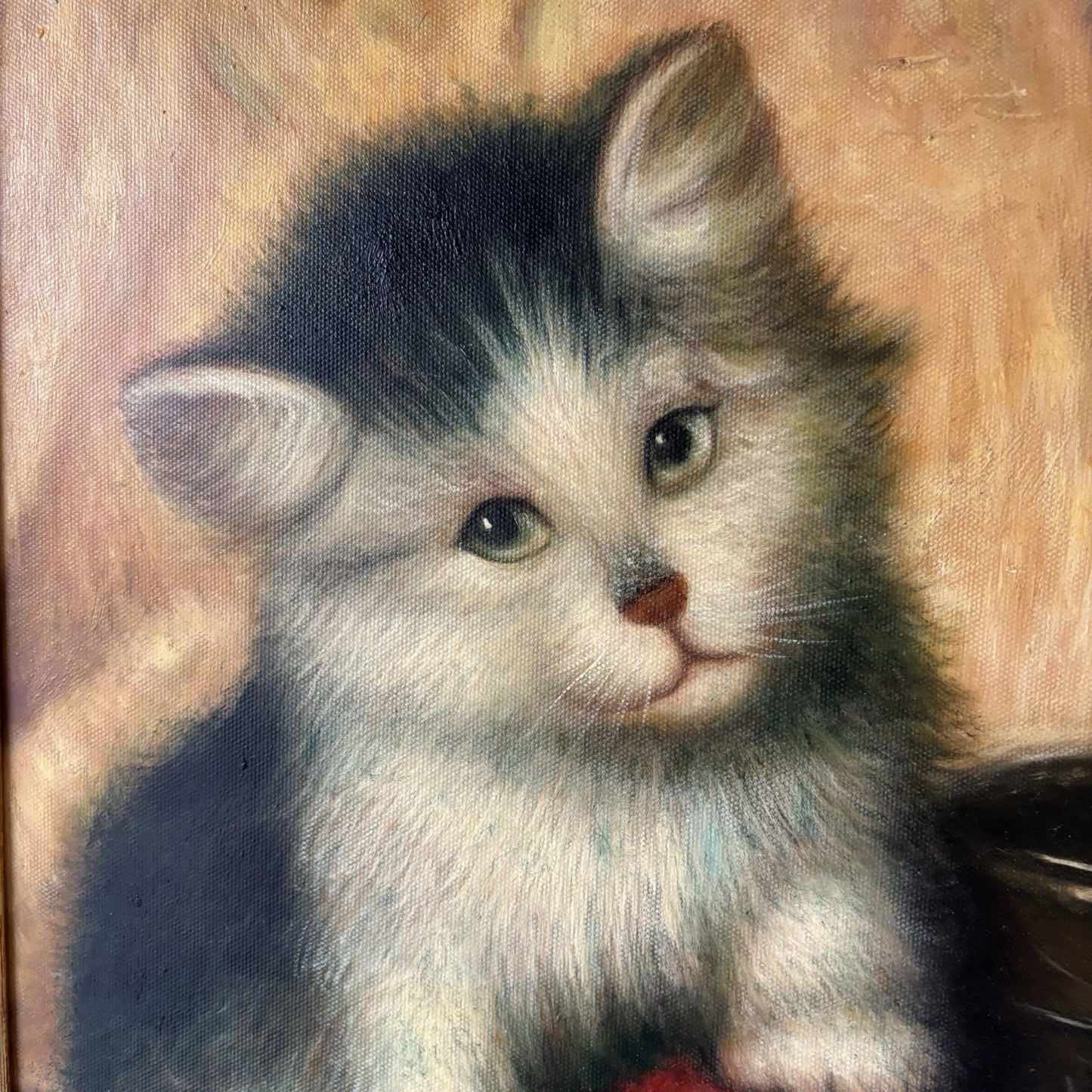 “Vintage Kitten with Red Yarn” – Framed Oil Painting on Canvas – Signed