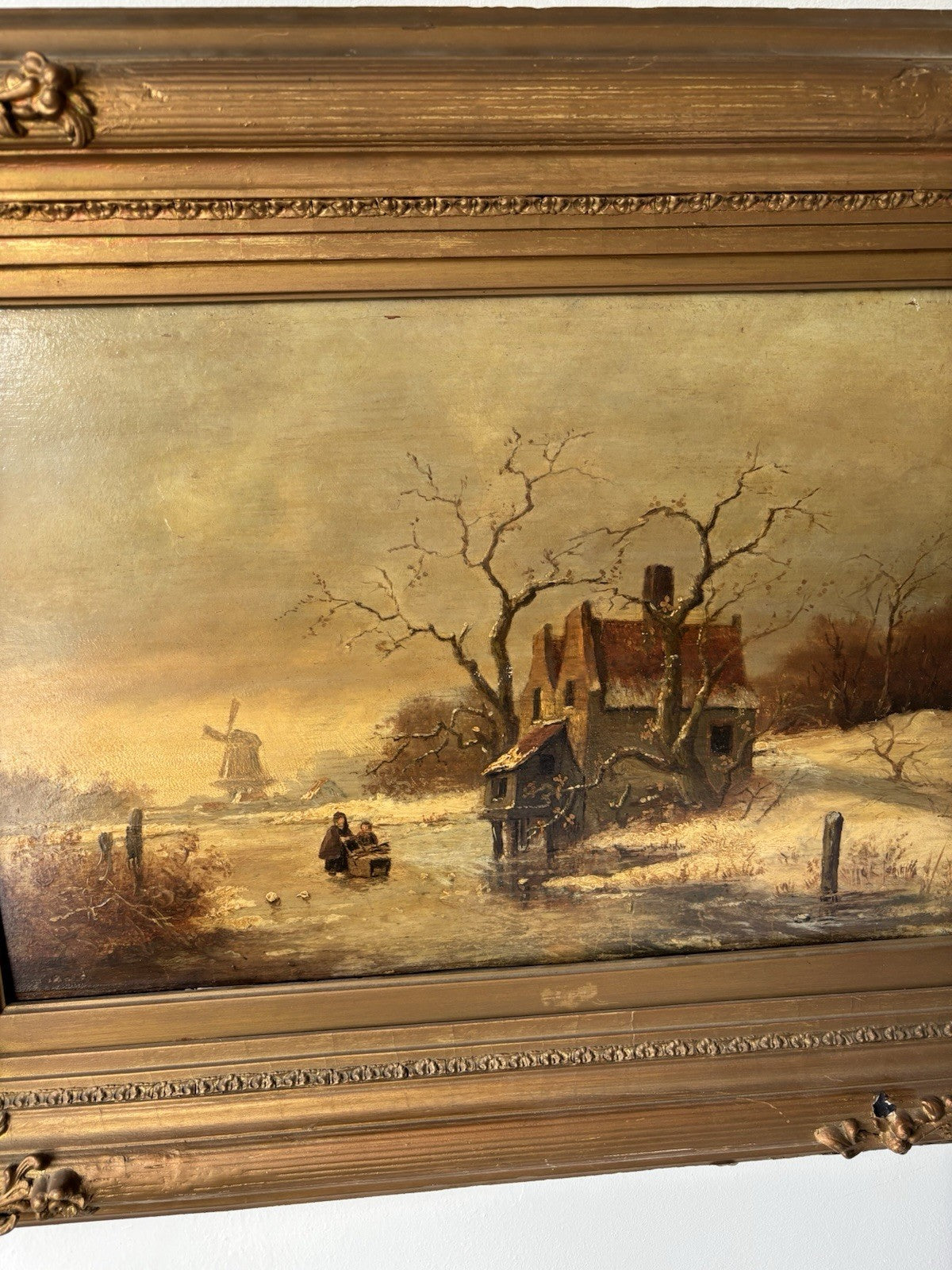 Antique “WINTER LANDSCAPE WITH WINDMILL Oil Painting Figure Skating 19th Century