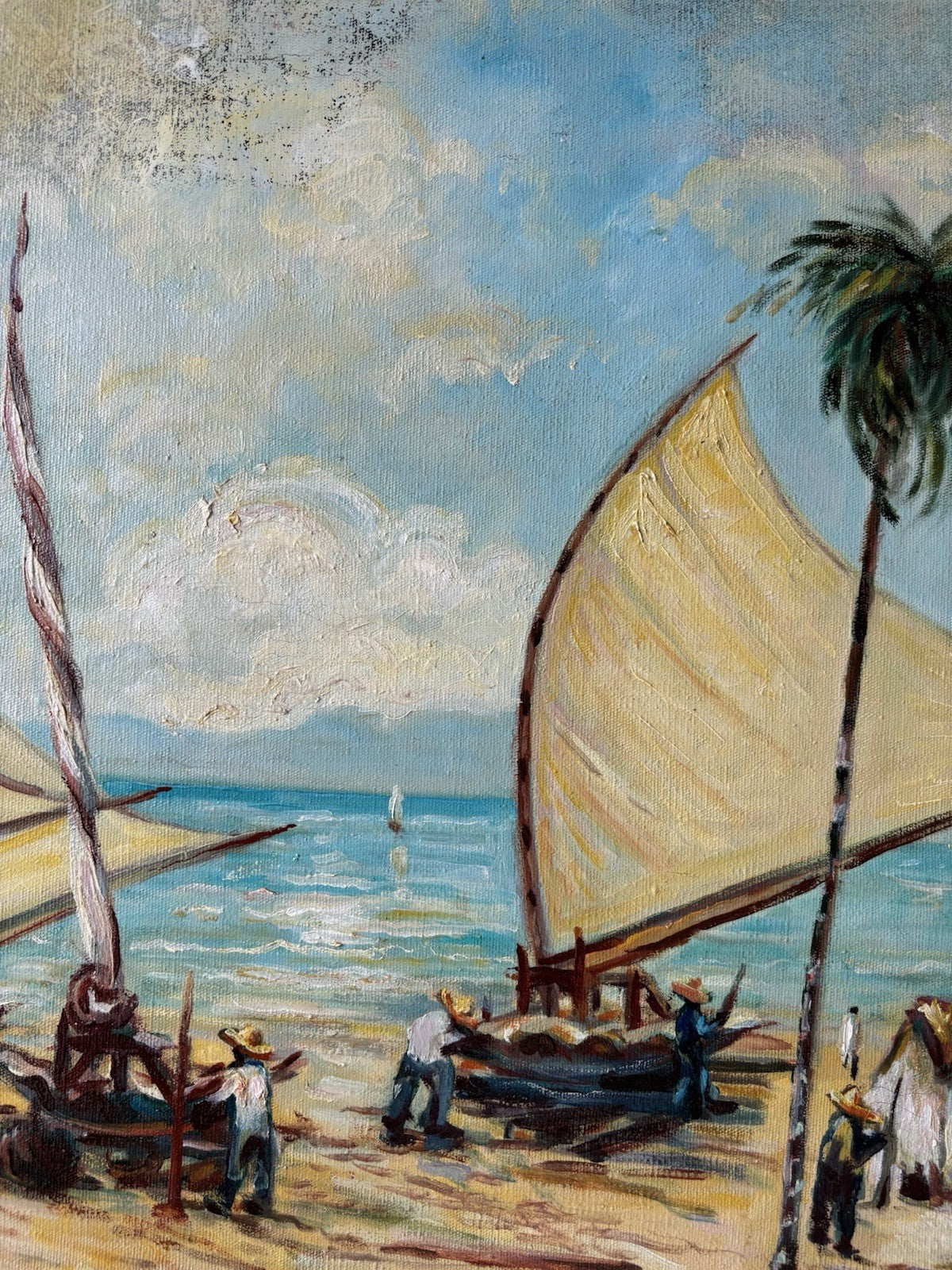 Brazil Art “SAILBOATS TROPICAL SEASIDE” Oil Painting Coastal Figures Palm Tree