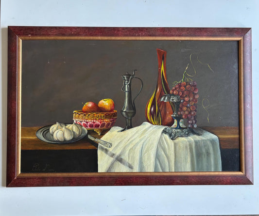 Peter Maas still Life Oil Painting Big Sized! Signed Apples Grape Ornate Art