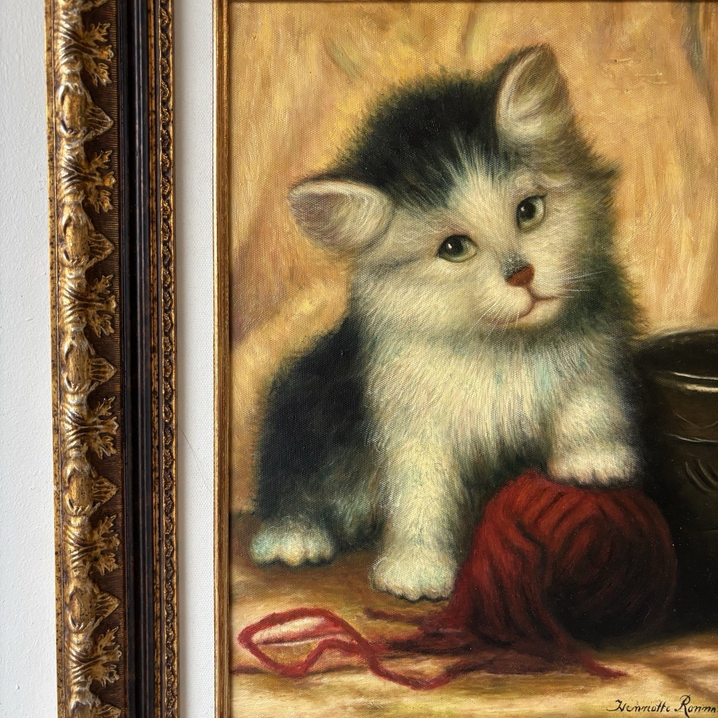 “Vintage Kitten with Red Yarn” – Framed Oil Painting on Canvas – Signed