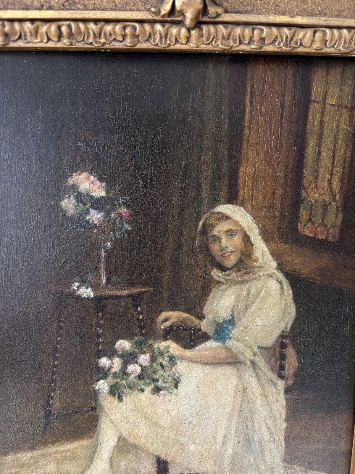 19th Century “LADY WITH FLOWERS” Antique Oil Painting Romantic Portraiture Women