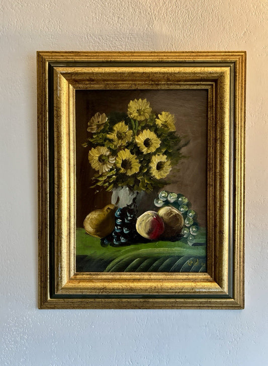 Flower Oil Painting Sunflowers Still Life with Fruits Grapes in Golden Frame