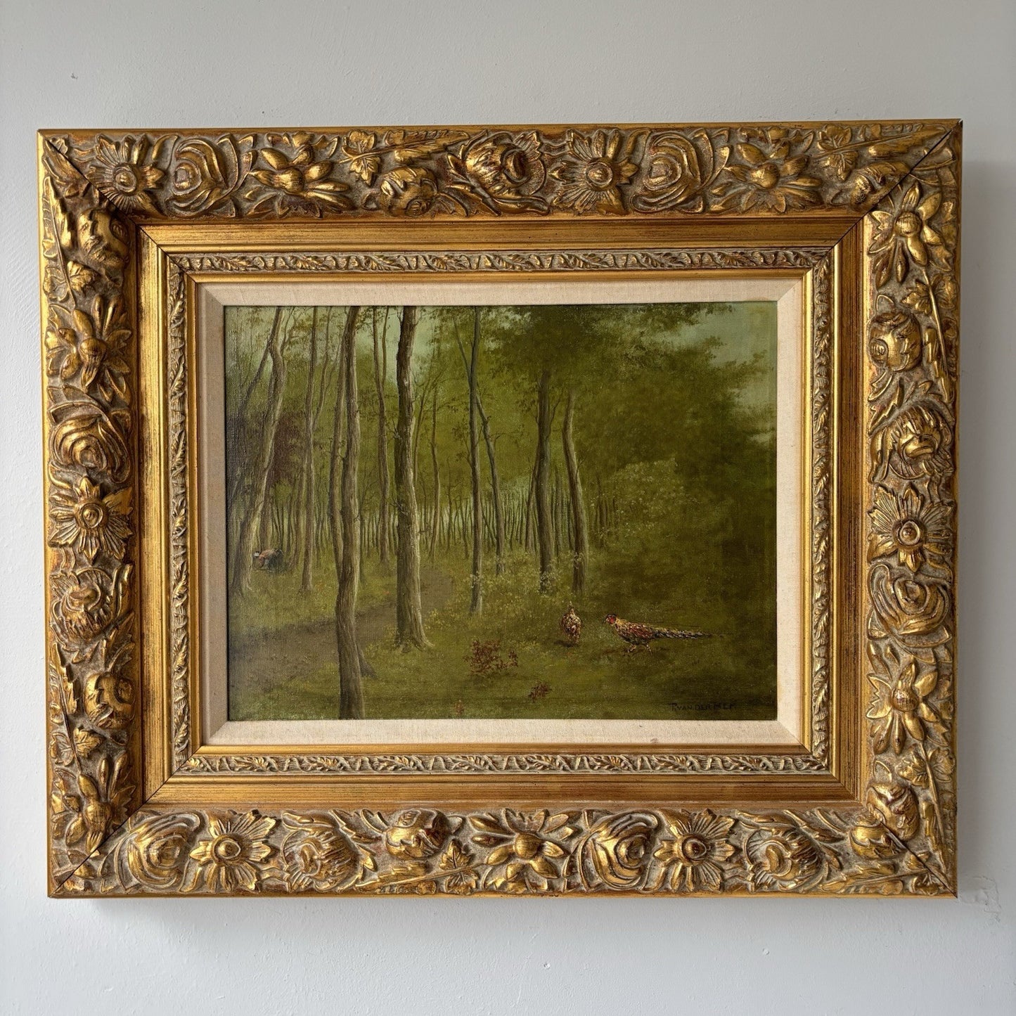 “Forest Stream with Pheansants” – Vintage Woodland Landscape – Framed Painting