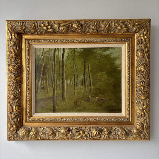 “Forest Stream with Pheansants” – Vintage Woodland Landscape – Framed Painting