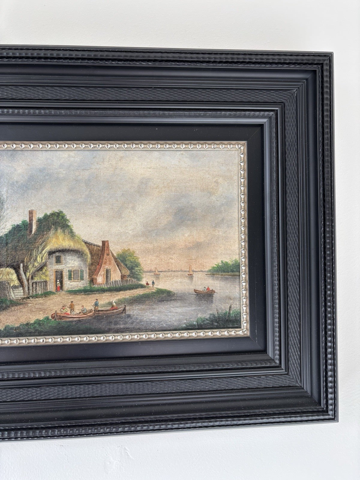 Dutch Harbor Scene Antique Oil Painting  Landscape River Boats 19th Century