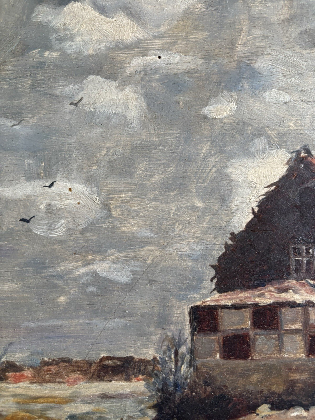 Dutch Antique Oil Painting Windmill Landscape Scene with Farmhouses Framed