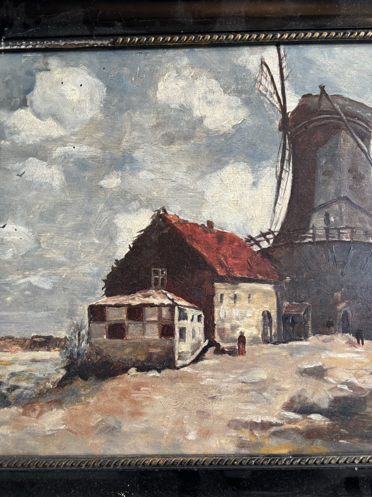 Dutch Antique Oil Painting Windmill Landscape Scene with Farmhouses Framed