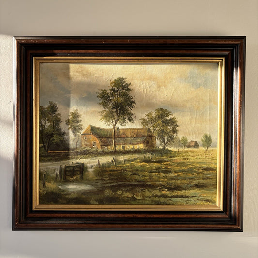 "Meadow Farmhouse" Classic Dutch Landscape Original VIntage Oil Painting