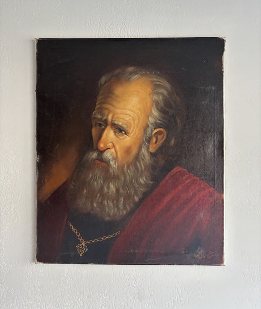 Antique Oil Painting Bearded Man Portrait with Red Robe Dutch Portraiture