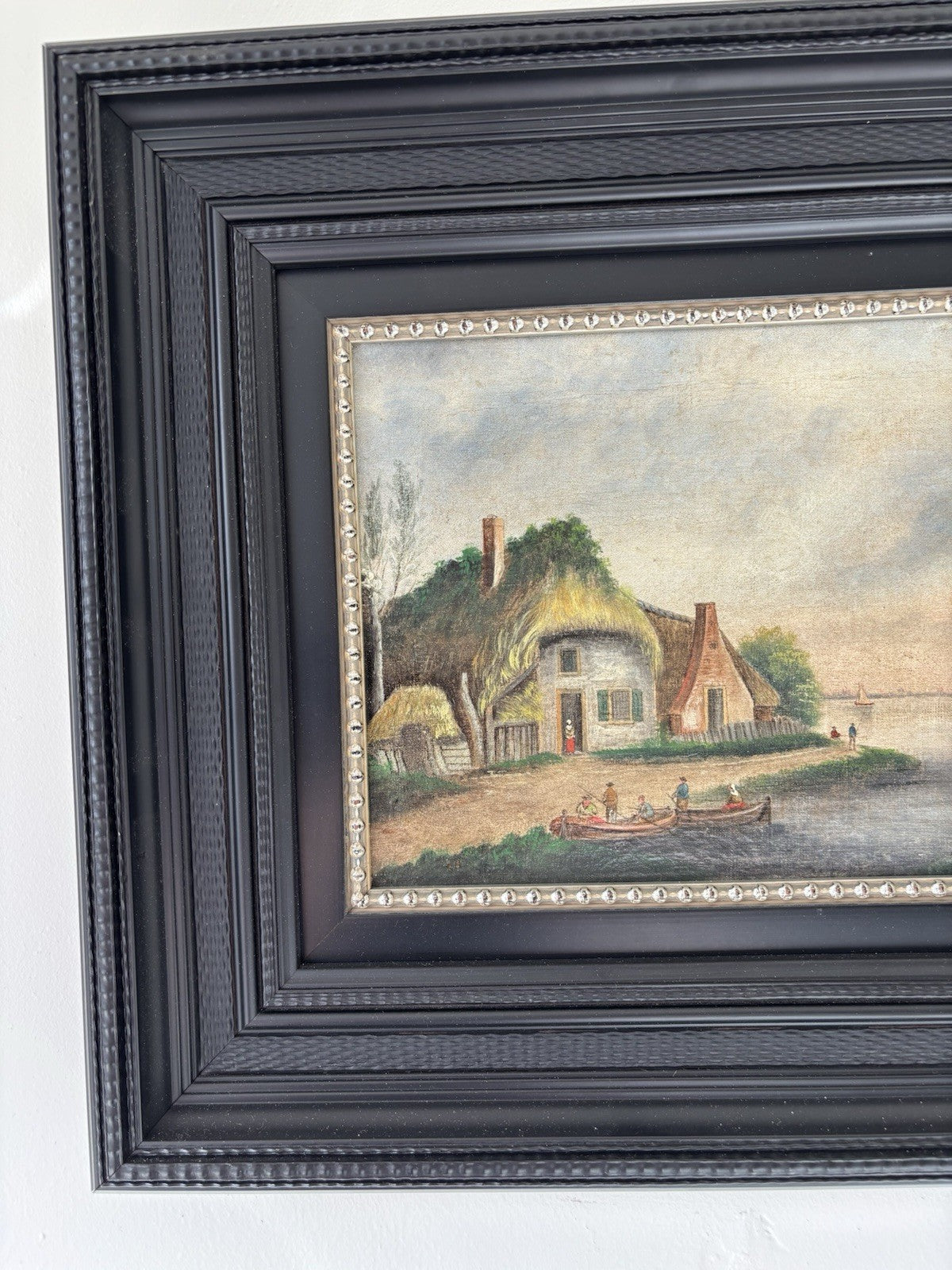 Dutch Harbor Scene Antique Oil Painting  Landscape River Boats 19th Century