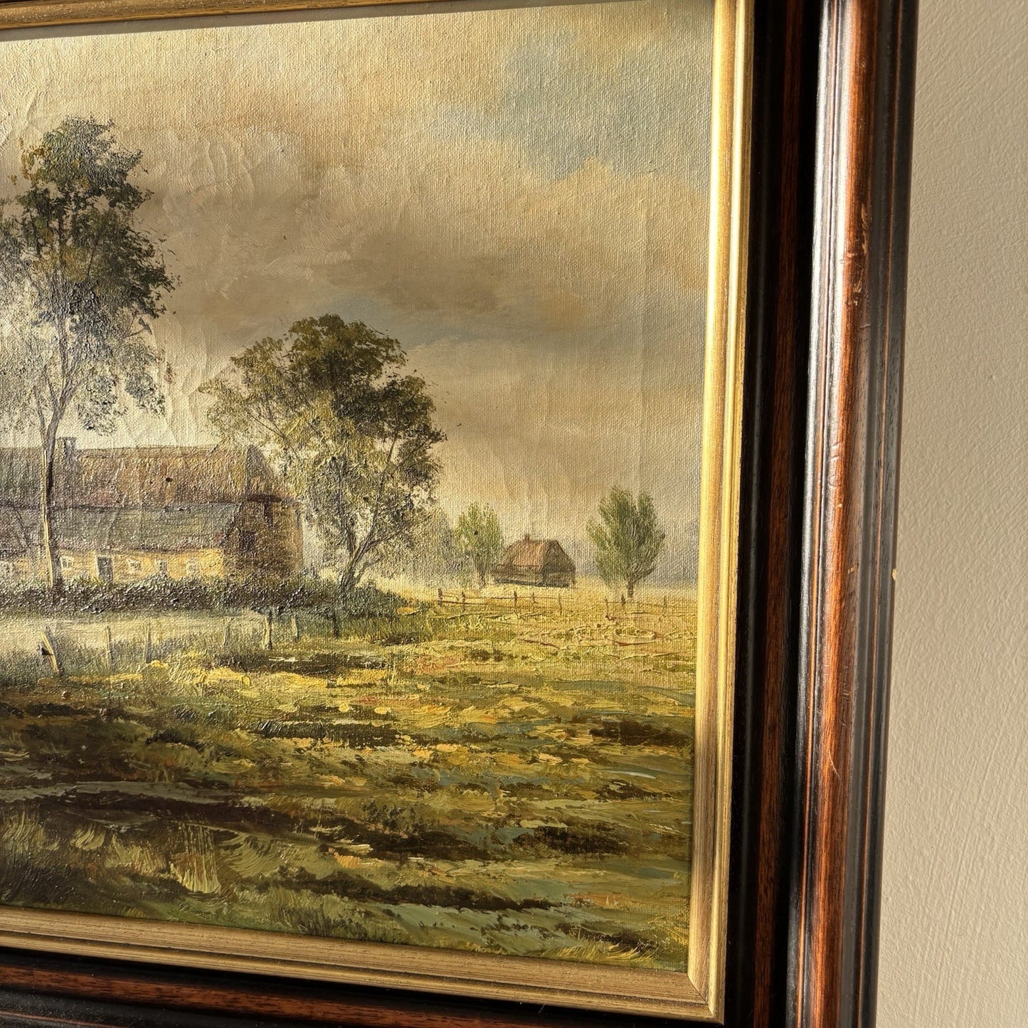 "Meadow Farmhouse" Classic Dutch Landscape Original VIntage Oil Painting