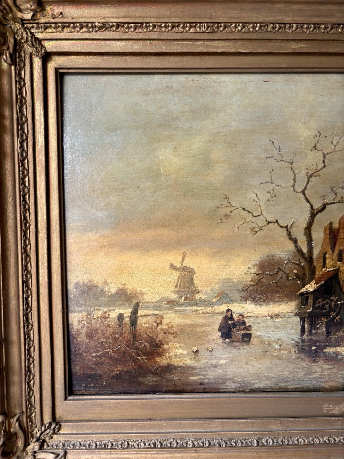 Antique “WINTER LANDSCAPE WITH WINDMILL Oil Painting Figure Skating 19th Century